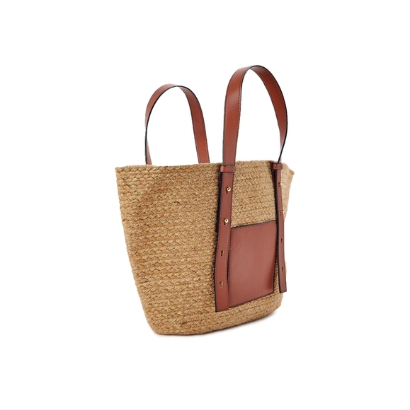 Women's Time and Tru Jute Pocket Beach Bag Tote Bag Vacation Bag Reusable Gold - Picture 4 of 5